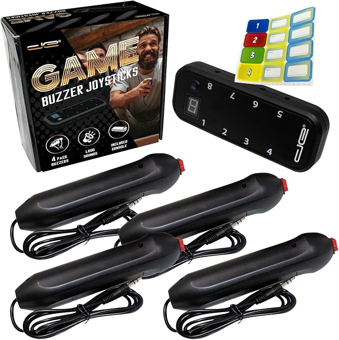 Digital Energy Handheld Game System - Console Displays First Buzz-in - Great for Jeopardy, Family Feud, Trivia and Buzzer Games - Console with 4 Joystick Buzzers