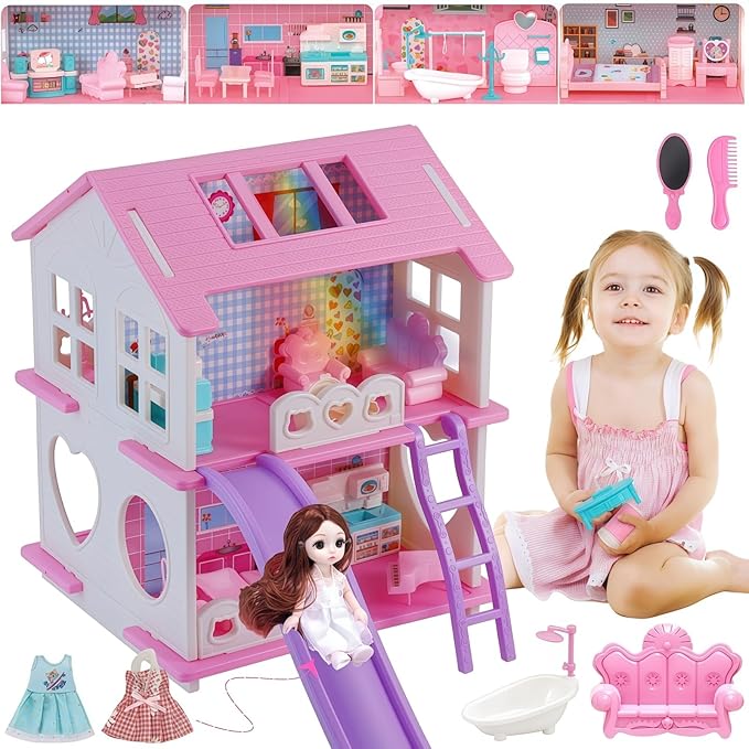 Doll House,with Living Room Bedroom Bathroom Kitchen Furniture Playset, Double-Sided Dollhouse with 1 Dolls,3 Sets Doll Clothes, Lights, Furniture and Accessories
