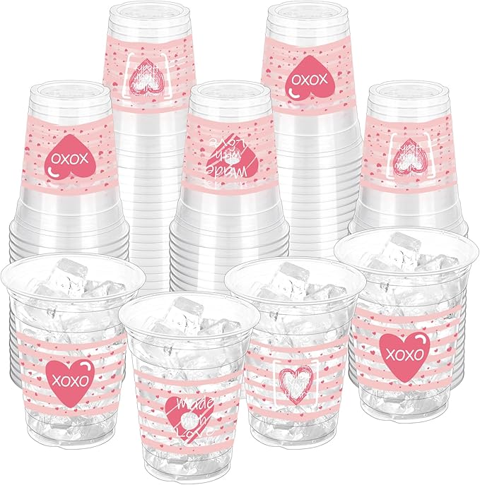 100 Pcs Valentine's Plastic Cups,12 oz Valentine's Disposable Cups Valentines Party Theme Cups Pink Red Heart Cups for Anniversary Wedding Birthday Dinner
