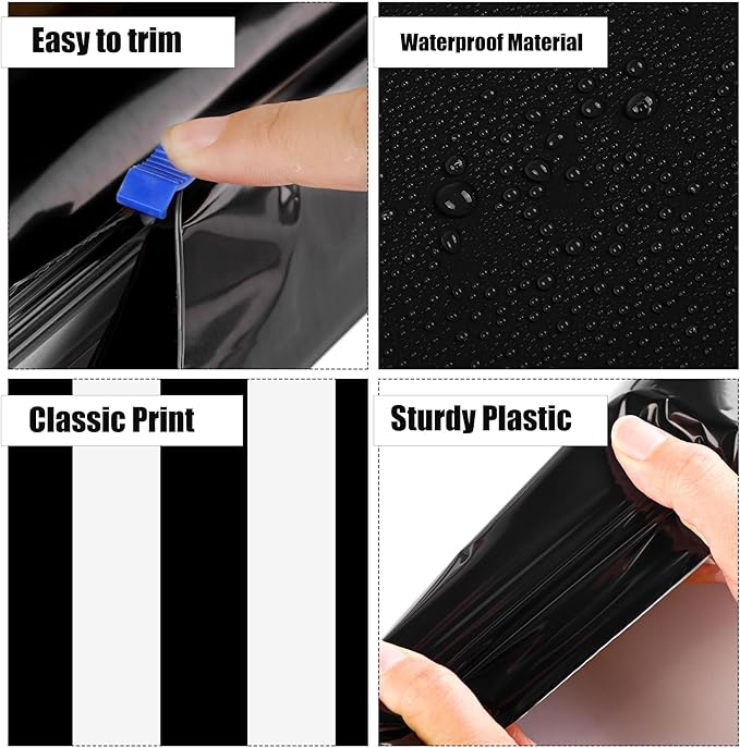 Kochorie 100 Ft x 54 Inch Black & White Striped Tablecloth Roll with Cutter Box Disposable Halloween Plastic Tablecloth Cut to Size Table Cover Backdrop for Halloween Backdrop Stage Party Supplies