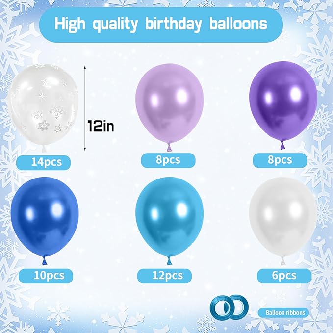 Balloons Set, 50pcs 12inchs Purple Blue Snowflack Print Balloons,for Boys Girls Fozen Birthday Baby Shower Decorations Christmas Winter Wonderland Party Supplies