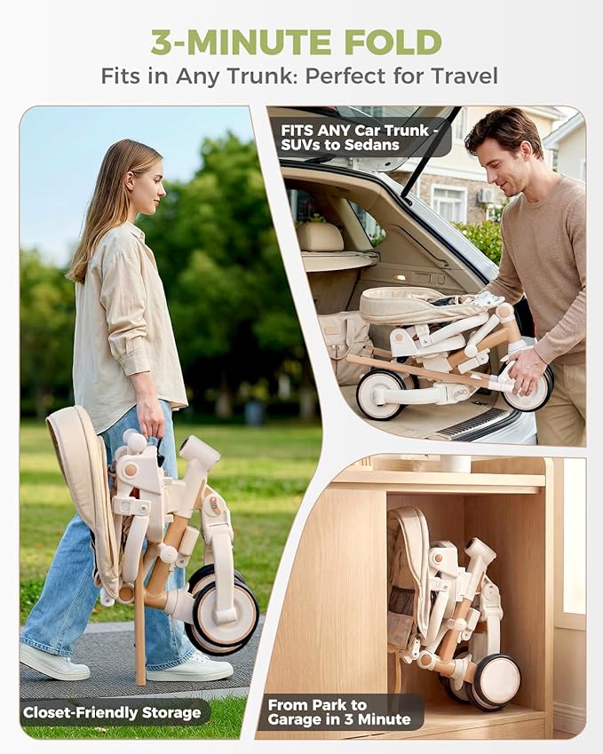 7-in-1 Tricycle for Toddlers 1-3 Years, Foldable Baby Trike Stroller with Steering Push Handle, Gift for Boys Girls 12 Months to 6 Years- Brown