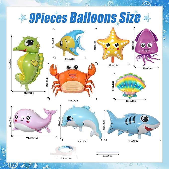 9 Pcs Sea Animal Balloons, Under The Sea Decorations, Creature Shark Dolphin Whale Fish Crayfish Octopus Ocean Foil Balloons, Under The for Ocean Theme Party Decorations