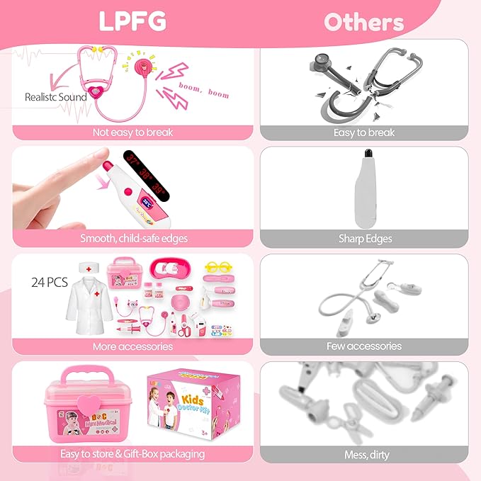 24Pcs Doctor Kit for Toddlers 3-5, Kids Doctor Pretend Play Set with Costume, Stethoscope, Funny Doctors Kit Toys Christmas Birthday Gift for Girls Ages 3 4 5 Year Old, Pink