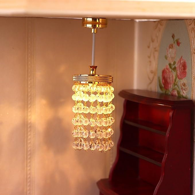 LUOZZY Dollhouse Lights Battery Operated Crystal Miniature Chandelier Led Lighting 1 12 Scale (Gold)