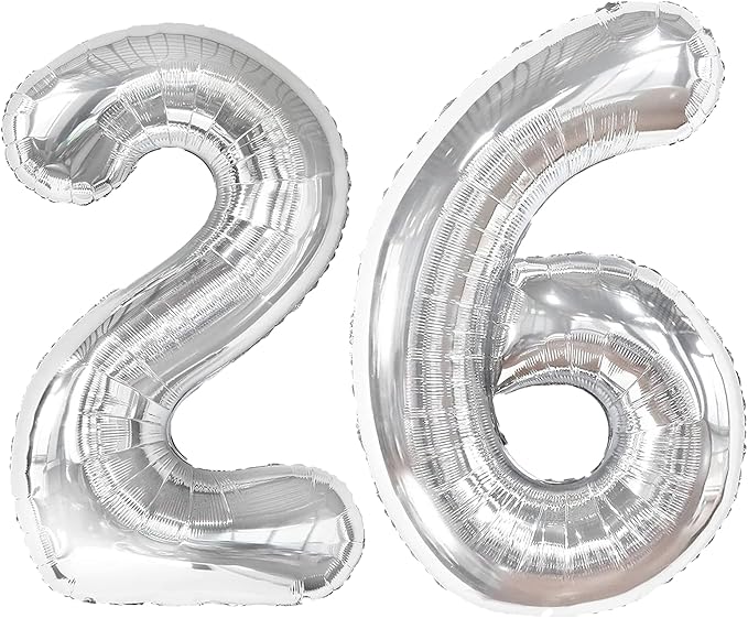 40 Inch Silver Number 26 Digital Balloon,Jumbo Mylar Foil Helium Balloon for 26 Balloons for Birthday Party,Wedding Anniversary Party Decorations