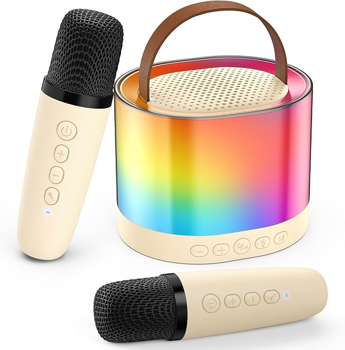 JYX Mini Karaoke Machine for Kids Adults, Portable Bluetooth Speaker with 2 Microphones, Support TF/AUX Input/4 Funny Magic Voice (Ivory White-2 Mic)