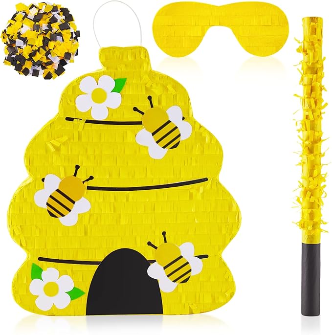 Lewtemi 14" x 2.9" x 12.2" Mexican Piñata Party Decorations with Stick Blindfold and Confetti, Suitable for Party Decorations Centerpiece, Photo Prop, Birthday, Funny Anniversary Gift Ideas(Honeycomb)