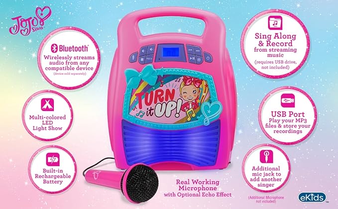 ekids JoJo Siwa Bluetooth Karaoke Machine, Portable Bluetooth Party Speaker with Microphone for Kids, Speaker with USB Port to Play Music