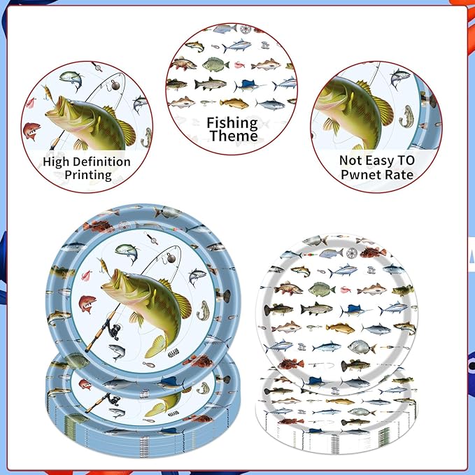 Rakuto Gone Fishing Party Plates, 96PCS Fishing Birthday Party Decorations Supplies, Fish Themed Paper Plates and Napkins Forks Disposable Tableware Supplies(24 Guests)