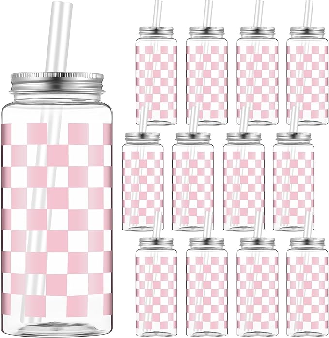 Patelai 12 Pack Light Pink Gingham Cups 13.5 oz Clear Pink Checkered Plastic Cups with Lid and Straw Reusable Plastic Plaid Tumbler for Baby Shower Wedding Birthday Bachelor Party Supplies