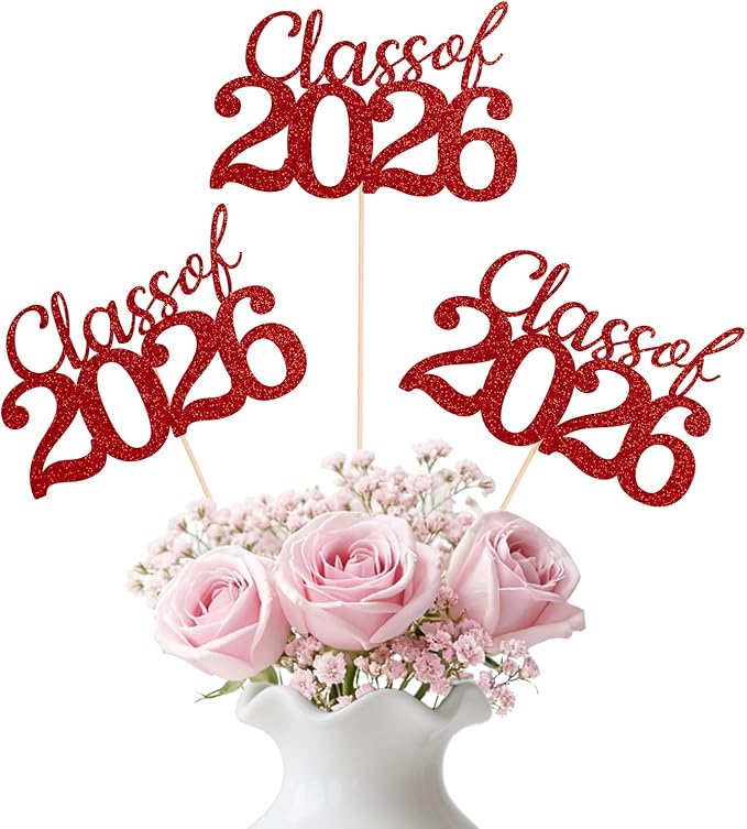 Red Class of 2026 Double-sided Graduation Table Centerpieces, 12 Pcs Grad Party Decorations with Sticks, Graduation 2026 Party Supplies for Table Decor