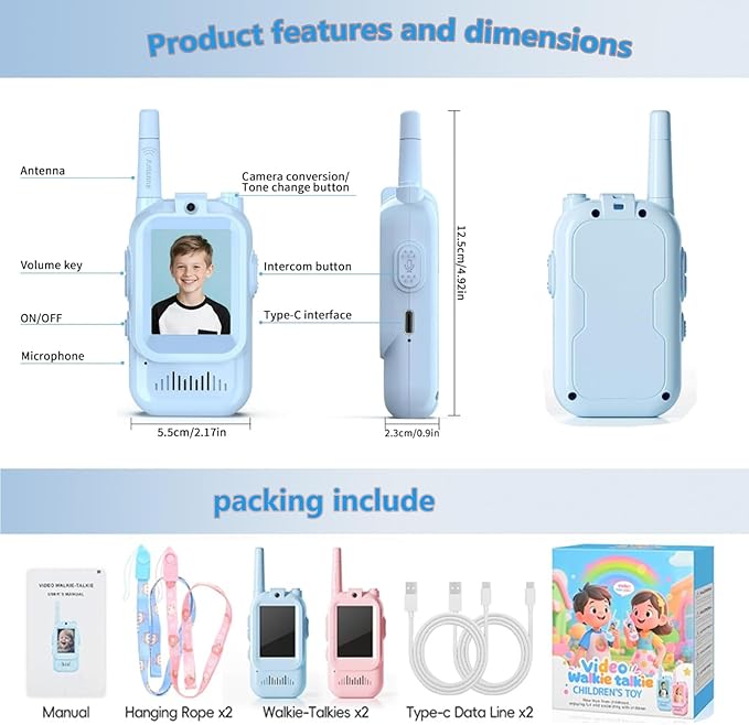 2 Pack Video Walkie Talkies for Kids,Handheld IPS Screen Rechargeable Video Walkie Talkie with Camera, Kids Christmas Birthday Gifts Two-Way Radio Walkie-Talkie for Indoor Outdoor Family Games