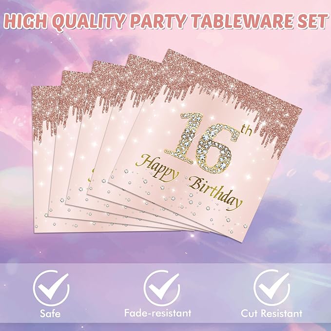 40PCS 16th Birthday Decorations for Girls Rose Gold Sweet 16 Party Decorations Kits Include Sweet 16 Plates and Napkins Set Sweet 16 Table Decorations for Girls Teenager Princess Party Supplies