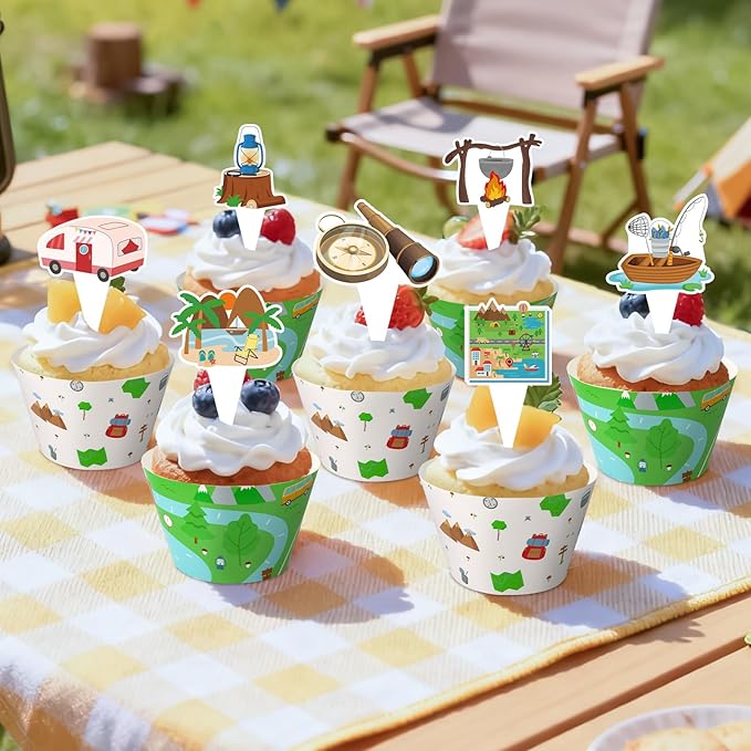 48 Pack Camping Cupcake Toppers and Wrappers, Woodland Adventure Party Cake Decoration for Camping Theme Birthday Party Baby Shower Supplies