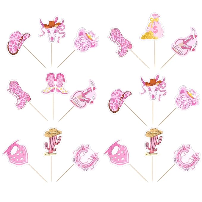 40 PCS Cowgirl Cupcake Toppers HorseShoe Hat and Boot Cupcake Picks Cactus Bandana Disco Ball Cake Decorations for Western Cowgirl Theme Baby Shower Kids Birthday Lets Go Girls Party Supplies