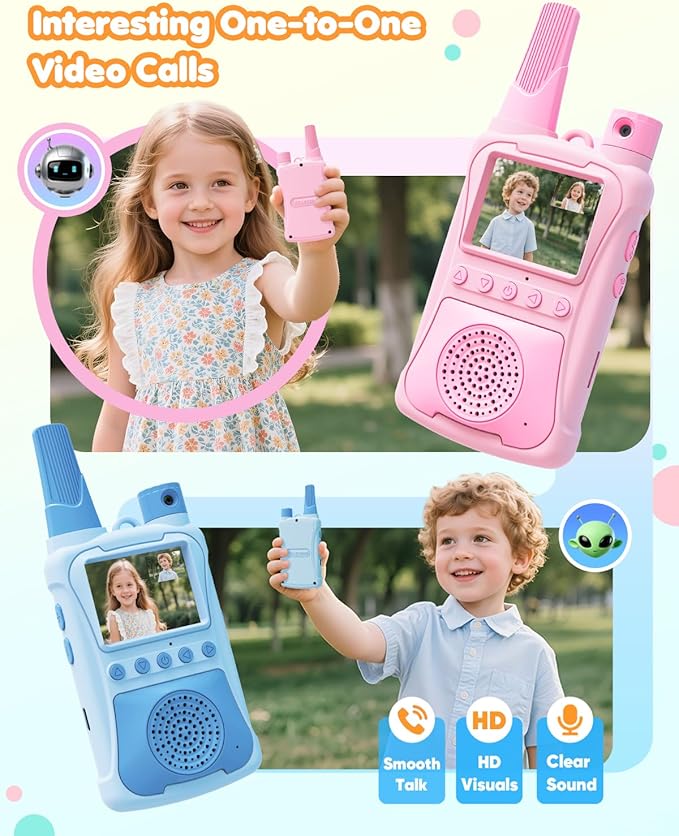 Video Walkie Talkies for Kids 2 Pack with 180° Camera & Games & HD Screen, Rechargeable Long Range Camera Walkie Talkies, Toddler Indoor Outdoor Toys Birthday Gifts for Girls Boys Age 3-12 Year Old