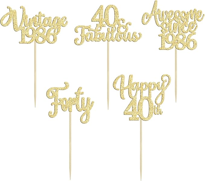 30Pcs Vintage 1986 Cupcake Toppers Glitter Forty Happy 40th Birthday 40 Fabulous Cupcake Picks Cheers to 40 Years for 40th Birthday Wedding Anniversary Party Cake Decorations Supplies Gold