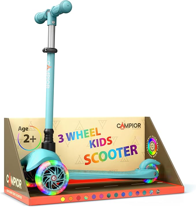 Teal Mini 3 Wheel Scooter for Kids – Lean-to-Steer Kick with LED Light-Up Wheels, Adjustable Handlebar, Wide Anti-Slip Deck, Smooth PU Wheels, Rear Foot Brake – Suitable for Ages 2+
