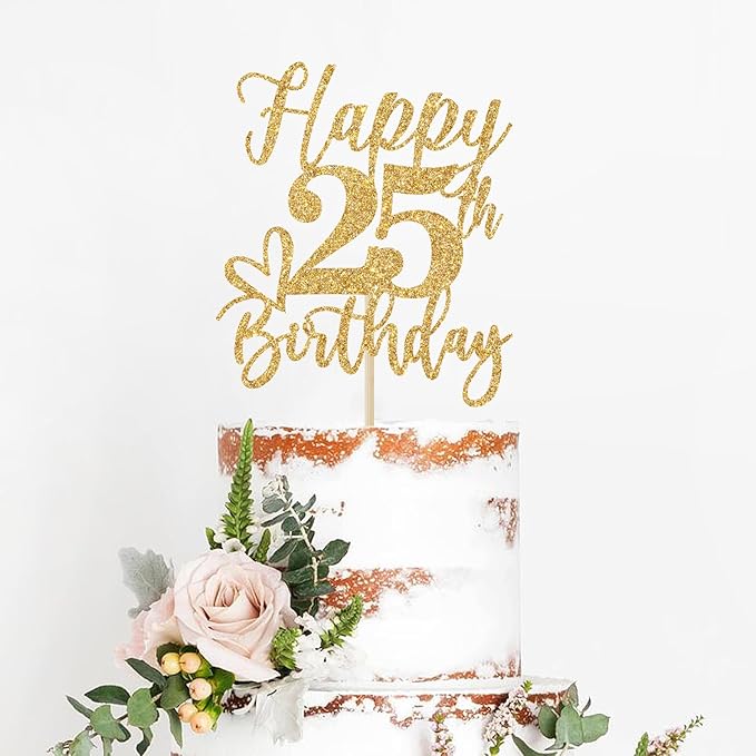 Gold Glitter Happy Birthday Cake Topper, Funny 25th Birthday Party Supplies
