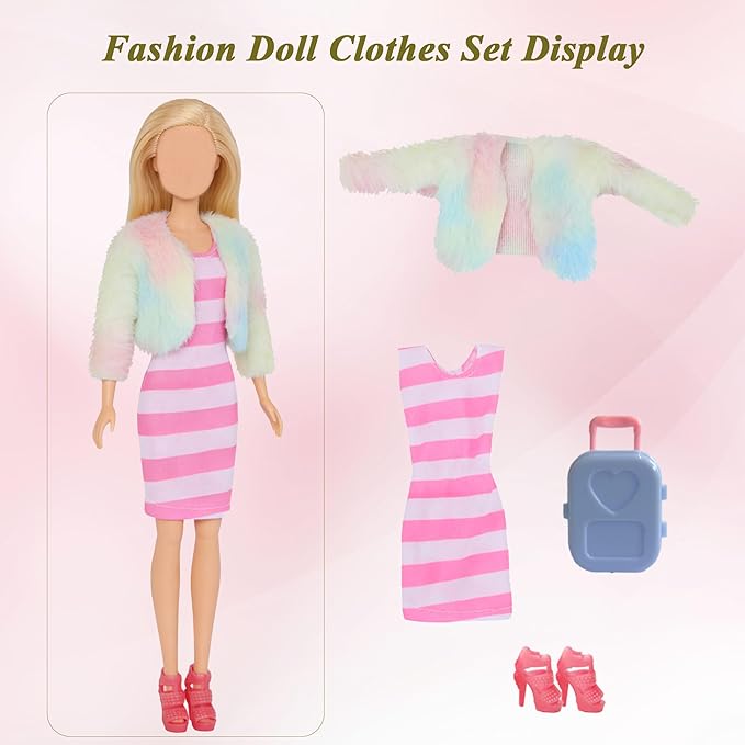 15 PCS Doll Clothes and Accessories, Girl Doll Clothes Including 6 Fashion Sets, 1 Handbag, 1 Suitcase, 1 Glasses, 6 Pairs of Shoes for 11.5 inch Dolls on Christmas
