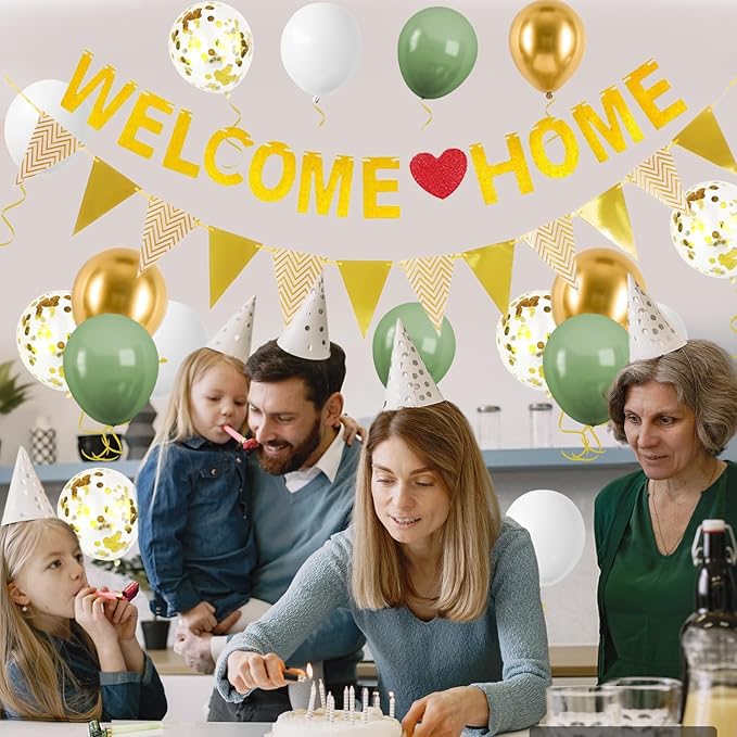 Welcome Home Decorations,Green Gold Welcome Home Balloons Banners Set Glitter Banner with Confetti Balloons,Pennant Flag Bunting for Home Family Baby Shower Welcome Back Party Supplies