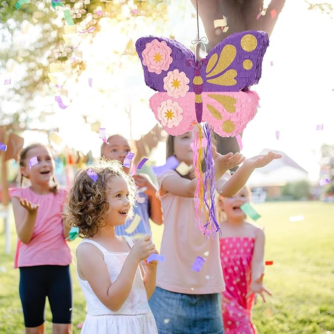 WERNNSAI Butterfly Piñata - Butterfly Birthday Party Supplies Piñata with Stick and Blindfold for Girls Kids Pull String Piñata Family Games Classroom Birthday Party Decorations 16.4” x 12.4”