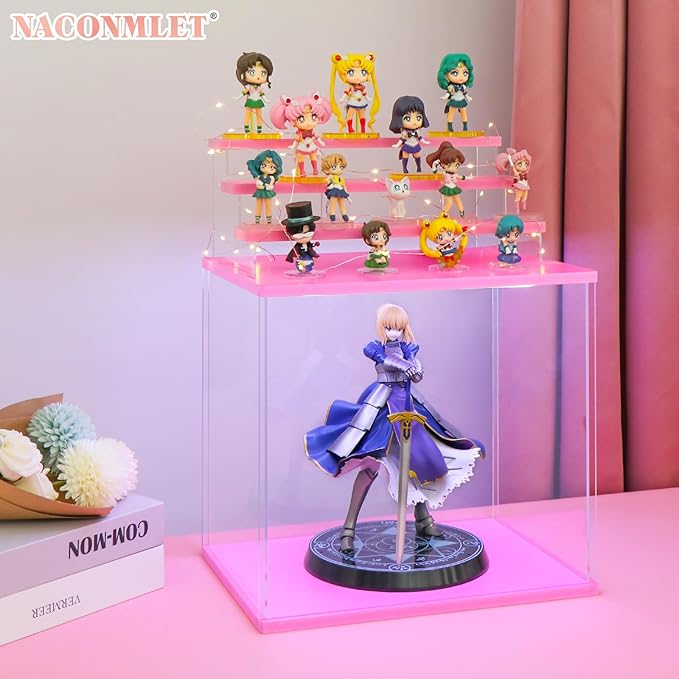 Clear Acrylic Display Case for Figure and Funko Pop,Led-lit,Dustproof,Multiple Layers Pop mart Showcase Display for Collectibles(4 Tier-W*D*H-12.6"x9.4"x11.7"inches)