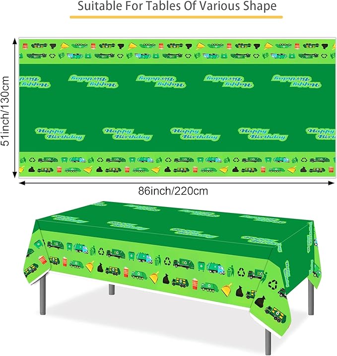 PHOGARY 2 Pack Garbage Truck Tablecloths for Garbage Truck Birthday Party Supplies, Trash Truck Party Table Cover Disposable Plastic Rectangle Table Cloth for Kids Birthday Baby Shower 51" X 86"