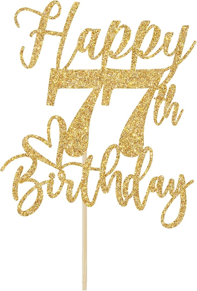 Happy 77th Birthday Cake Topper, 77th Birthday Decorations for Men/Women, Cheers to 77 Years, Hello 77, 77th Happy Birthday Party Supplies Gold Glitter