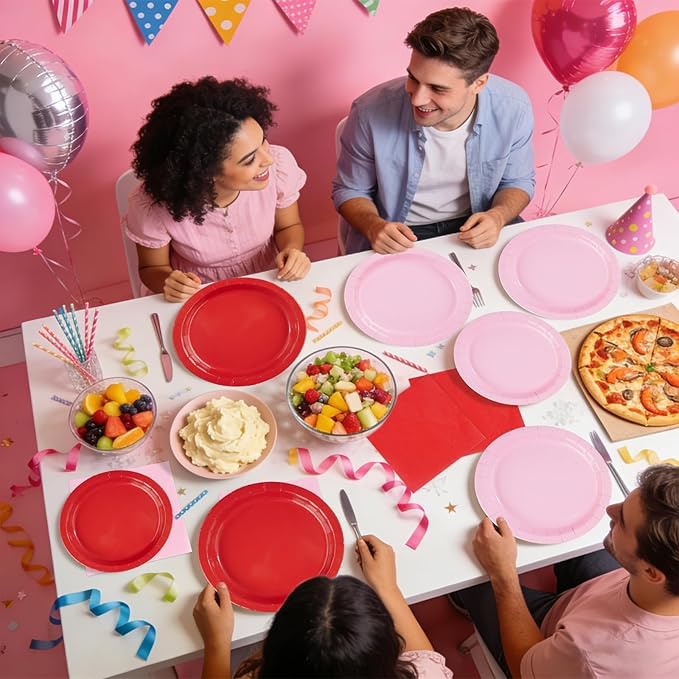 96Pcs Pink Red Birthday Party Decorations Red and Pink Plates and Napkins Disposable Solid Color Paper Tableware Set for Girls Women Birthday Mother's Day Bridal Shower Party Supplies Serves 24