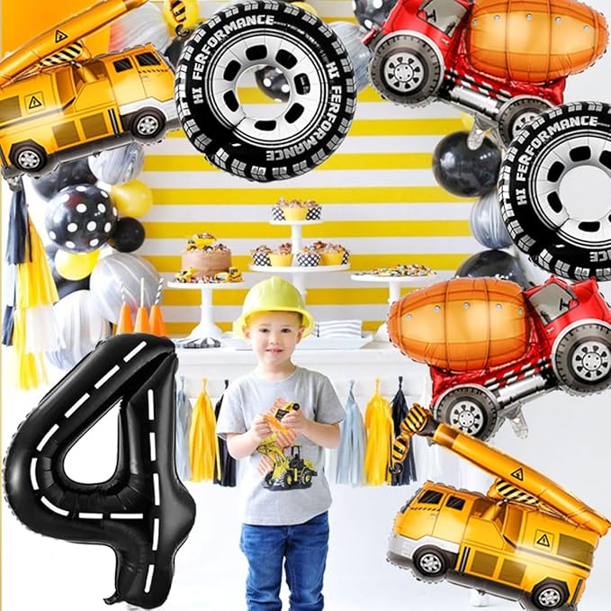 Construction Balloons 4rd Birthday Decorations for Boys 40inch Number 4 Balloons Truck Foil Balloon for Construction Birthday Party Decorations Supplies