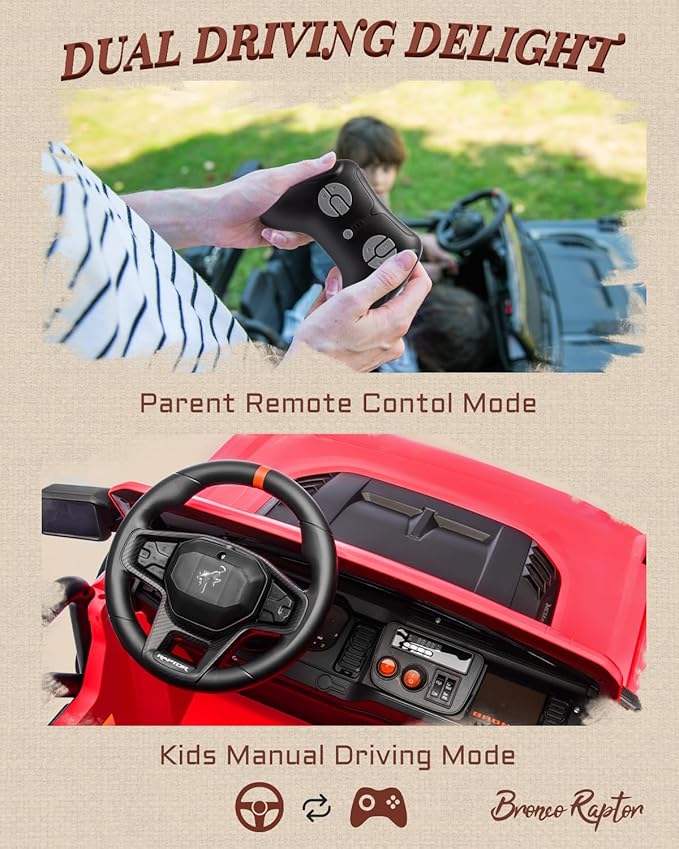First Ride On Ford Bronco 24V Ride on Toys for Boys & Girls, 2 Seater Kids Electric Car with Remote Control, Kids Ride on Truck with Rear Wheels Suspension, Led Lights, Safety Belt (24V, Red)