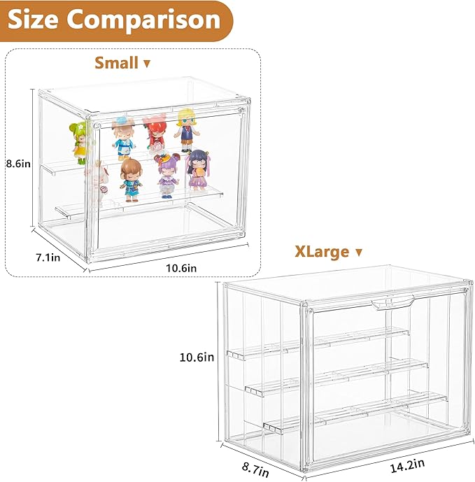 Small Acrylic Display Case for Collectibles 3 Layer Adjustable Display Case with Magnetic Door Clear Stackable Display Box for Mini Figures, 2 Pack