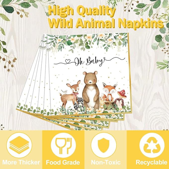 Woodland Baby Shower Party Supplies - 175 Pcs Safari Jungle Animal Wild Animal Party Decorations Nature Sage Plates Napkin Cups Spoons Forks Knives Tableware Set, Serves 25 Guests