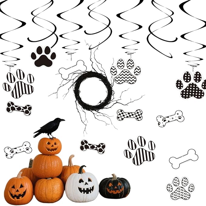Dog BirthdayHanging Swirl Set Party Decorations, 48 Pcs, Dog Paw Bones Party Supplies Sign,White Black Grid
