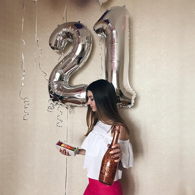 21 Balloons Number, Giant Silver Number 2 & 1 Helium Foil Balloon for Women 21st Birthday Decor, 40 Inch Self Inflating Mylar Number 21 Balloons for Man Anniversary Party Decorations Supplies