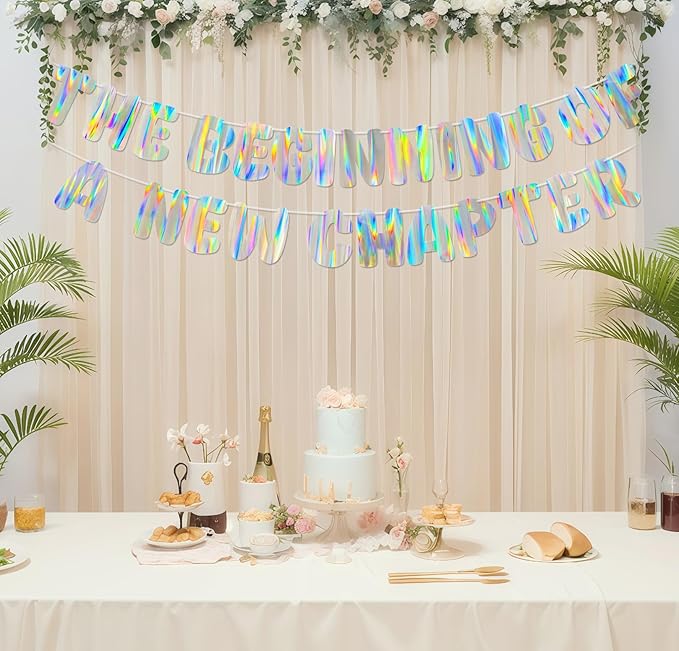 Iridescent The Beginning of a New Chapter Banner, Holographic Pre-Strung Party Decoration for Graduation, Farewell, Going Away, Retirement