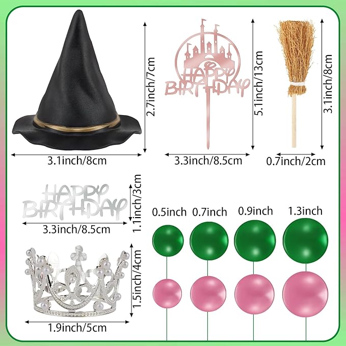 44PCS Witch Cake Topper Pink and Green Ball Cake Topper Witch Hat and Crown Cakes Topper for Girls Women Princess Birthday Party Supplies Halloween Cakes Decoration