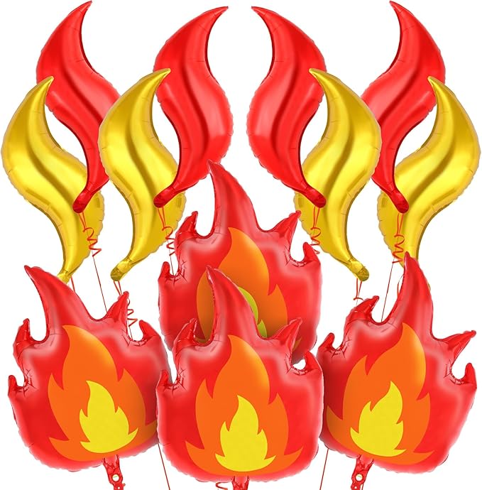 12 Pcs Fire Balloons and Flame Balloons Aluminum Foil Fire Decorations Fireman Theme Party Balloons for Fire Firefighter Theme Party Fire Truck Birthday Party Supplies (Fire and Flame)