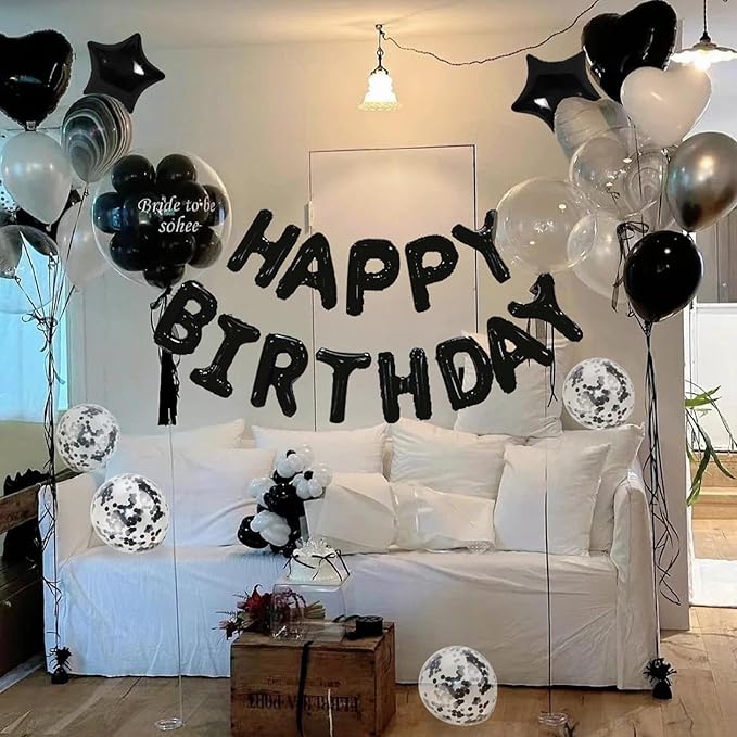 27 Pcs Black Birthday Decorations, 3D Foil Black Happy Birthday Balloon Banner, Pentagram Heart Foil Balloons Confetti Balloons Kit For Boys Girls Birthday Party Supplies