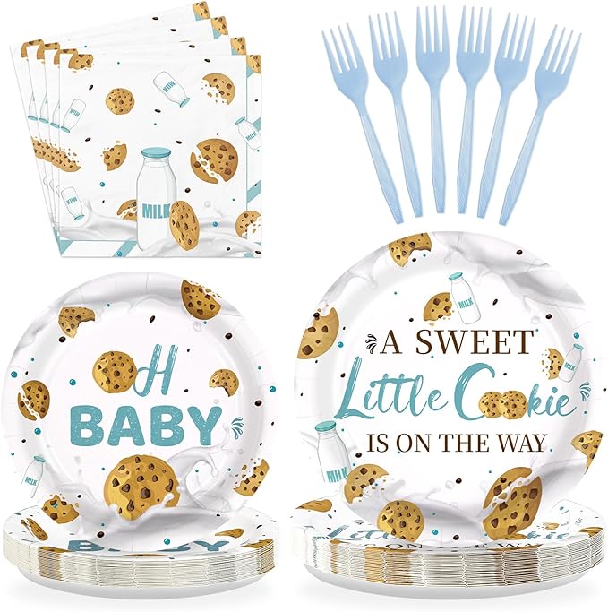 96Pcs Milk and Cookies Baby Shower Decorations A Sweet Little Cookie Is on The Way Plates and Napkins Sets Milk Cookie 1st Birthday Party Decorations for Biscuit Breakfast Party Supplies Serves 24