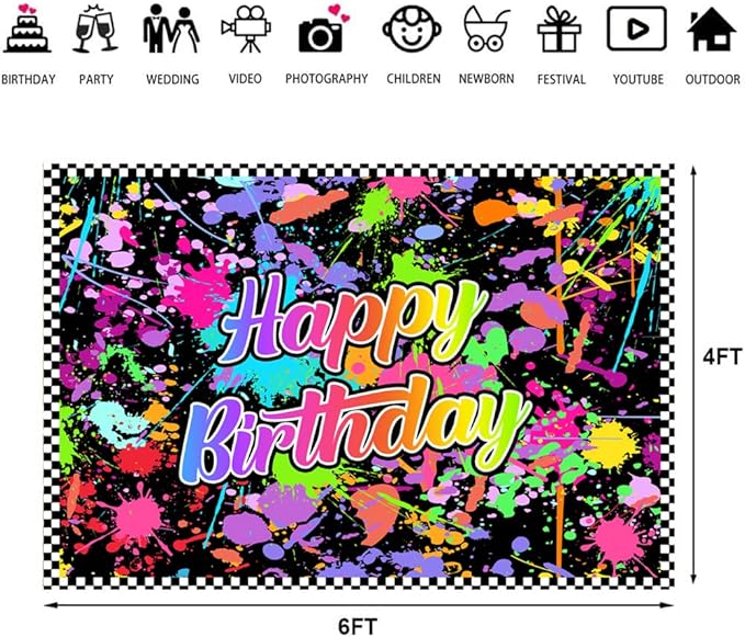 Lofaris Neno Glow in The Dark Birthday Party Photography Backdrops Colorful Graffiti Splash Paint Background Slime Happy Birthday Black Light Sleppover Party Banner Decor for Kids Birthday Supplies
