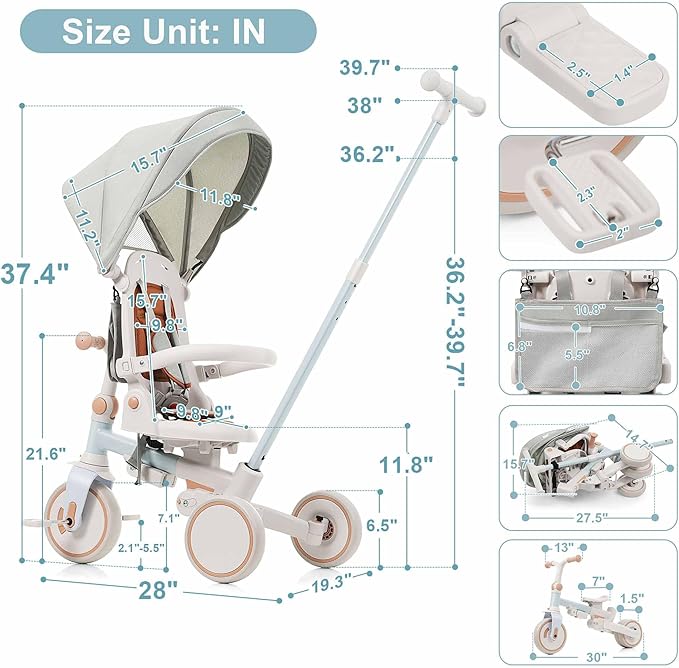 7-in-1 Baby Tricycle with Adjustable Parent Handle - Foldable Toddler Bike w/Removable Canopy & Guardrail, Aluminum Alloy Frame Stroller Bike for 1-6 Years Old (12-72 Months) (Blue)