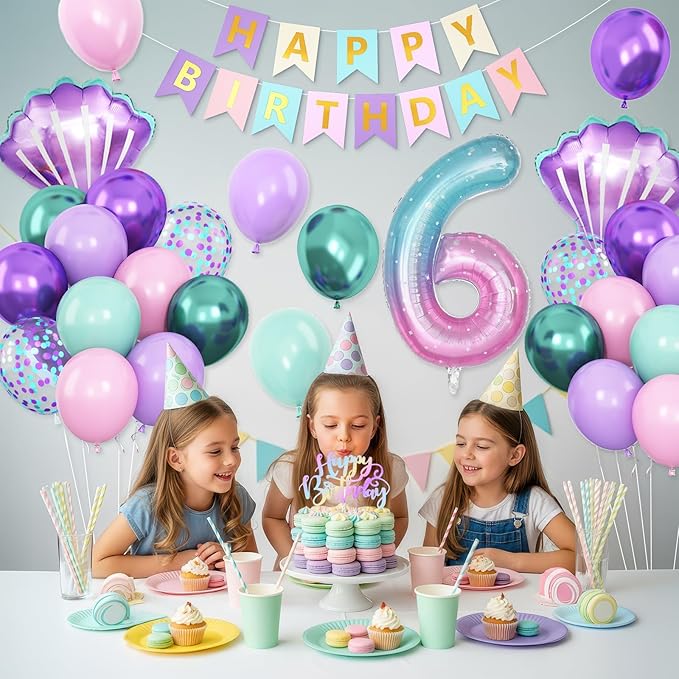 6th Mermaid Birthday Decoration for Girls,Pink Purple Green 6th Birthday Balloon Number 6 Seashell Foil Balloons Banner Mermaid Sea Party Decor Supplies for 6 Year Old