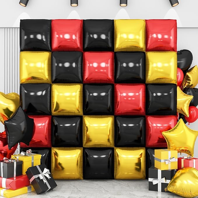 Black Red Gold Square Foil Balloon Wall,25Pcs Double Sided Foil Balloons Backdrop Helium Polyester Tunnel Arch Garland Kit for Birthday Bridal Anniversary Baby Shower Party Decorations
