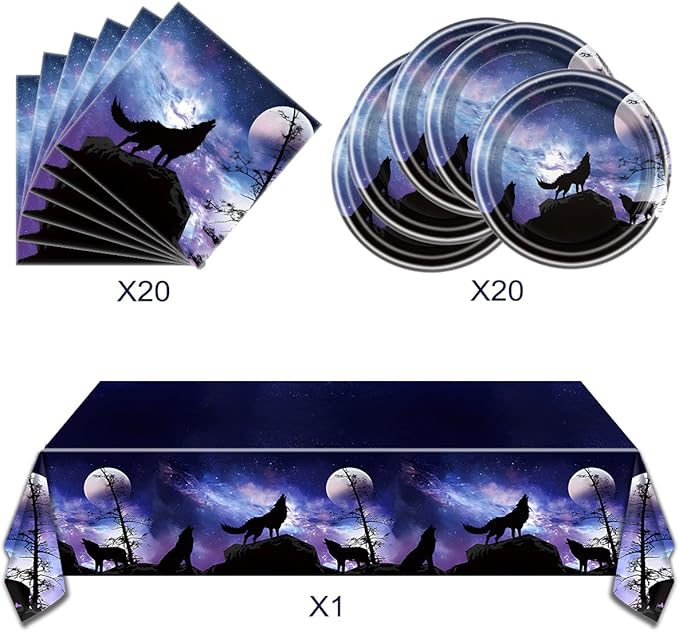 Wolf Birthday Party Tableware Set,20 Plates and 20 Napkins and Tablecloth 86 '' x 51 '', Wolf Animal Party Decorate Supplies