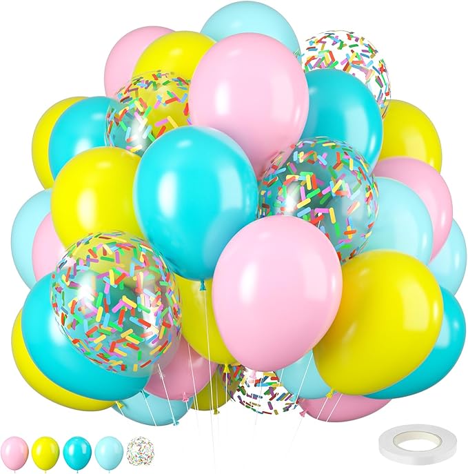 Donut Balloons, Pink Yellow Teal Balloons Pastel Pink Teal Sprinkles Confetti Balloons for Donut Theme Party Cutouts Birthday Party Balloons Arch Photo Props Favor Ideas Supplies