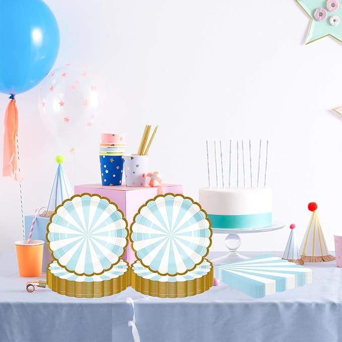 50PCS Blue Striped Paper Plates and Napkins Party Supplies, 7 inch Disposable Gold Foil Scalloped Dessert Plate Party Tableware Set for Birthday Wedding Bachelorette Baby/ Bridal Shower Decorations