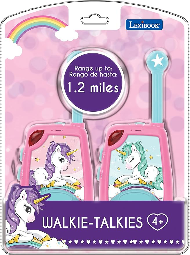 LEXiBOOK, Unicorn, Digital Walkie-Talkies for Children, 1.2 Miles Transmission Range, Morse Light Function, Belt Clip for Transport, Battery, Pink, TW25UNI